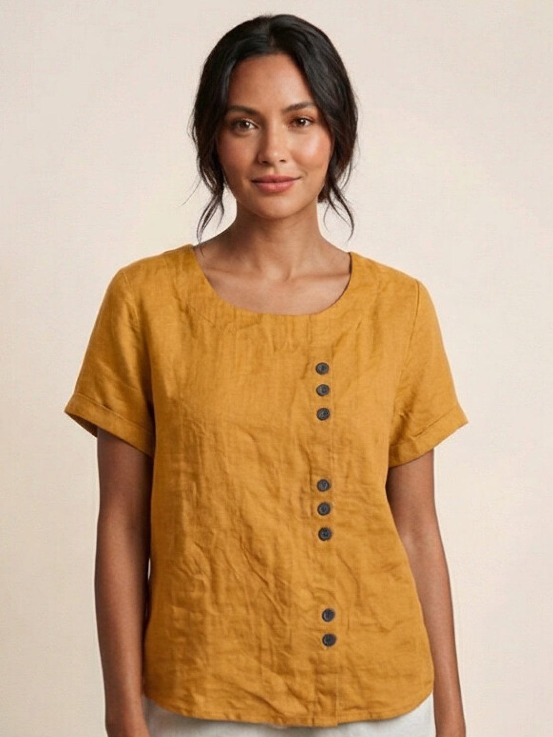 Grace | Women’s Linen Round Neck Button Blouse