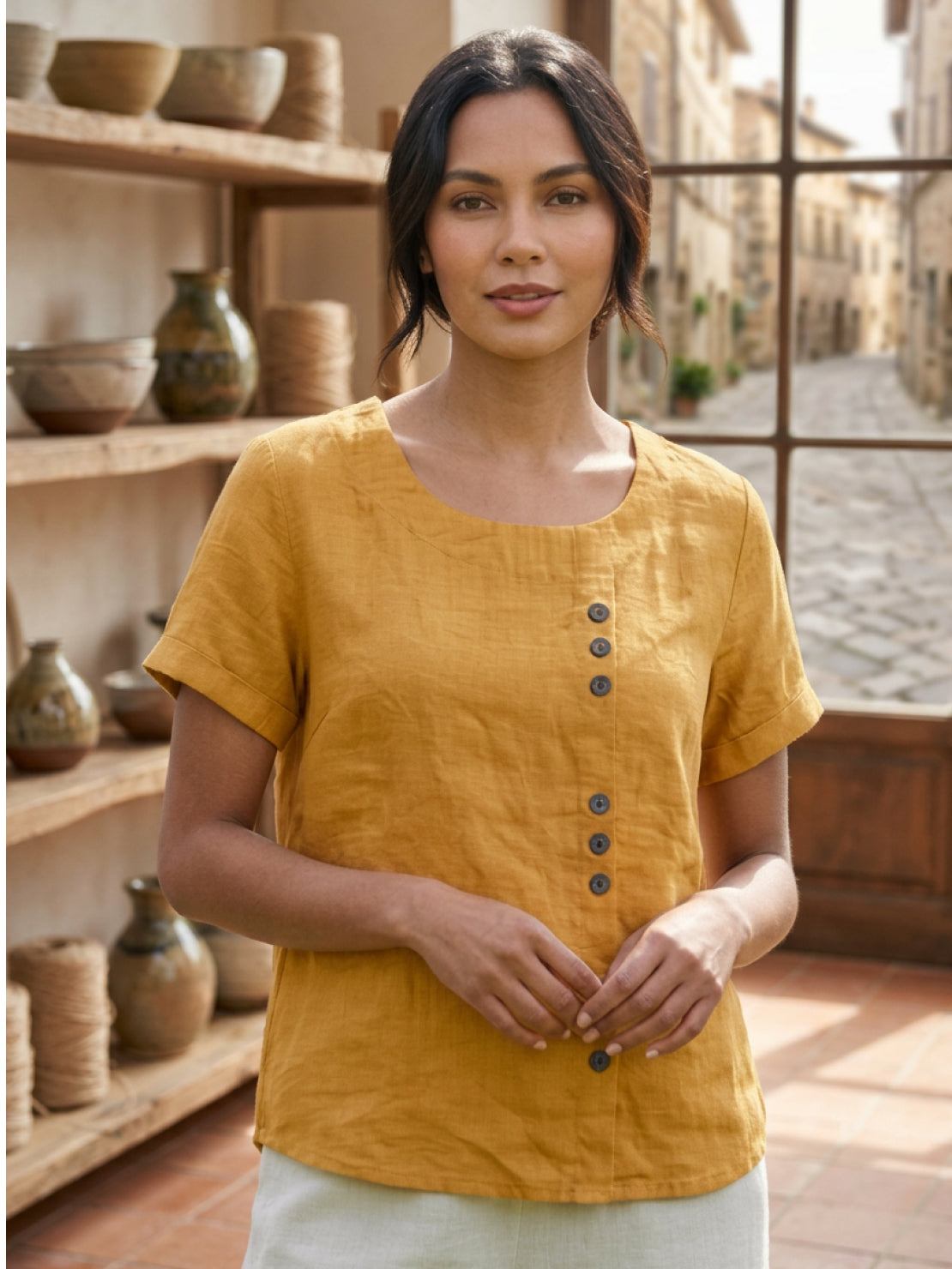 Grace | Women’s Linen Round Neck Button Blouse