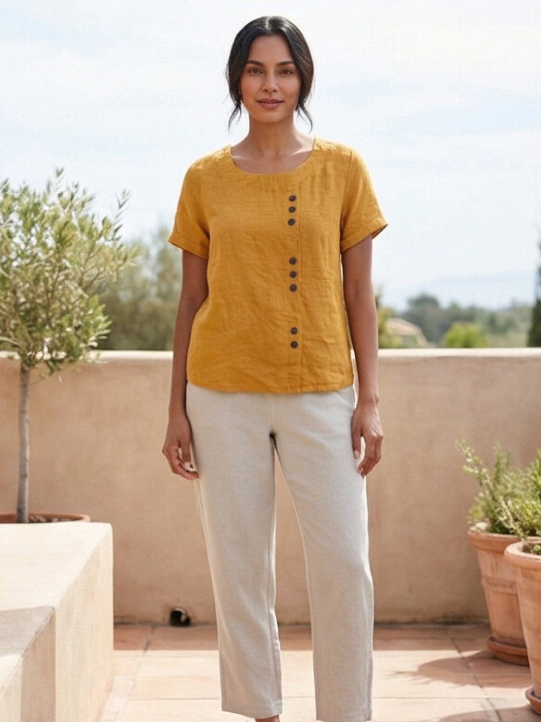 Grace | Women’s Linen Round Neck Button Blouse