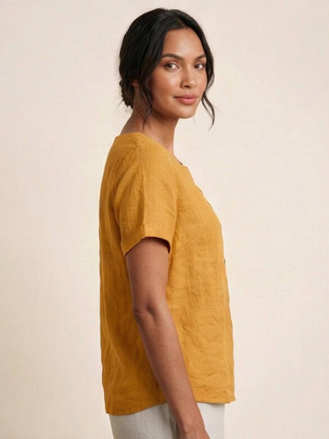 Grace | Women’s Linen Round Neck Button Blouse
