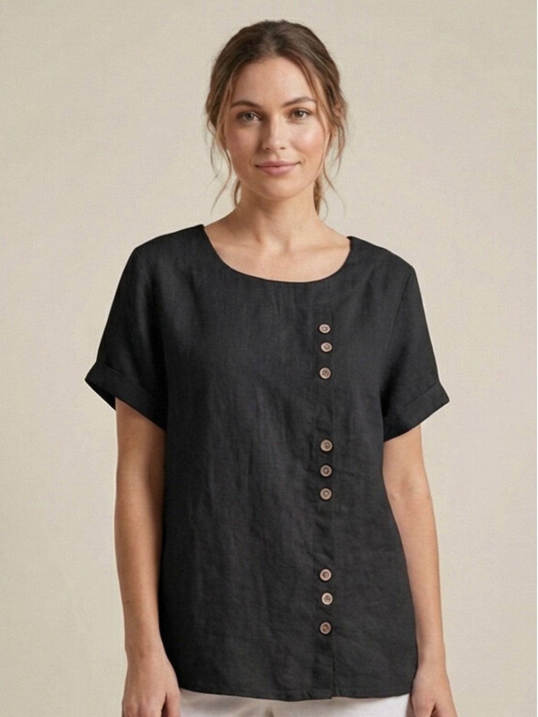 Grace | Women’s Linen Round Neck Button Blouse