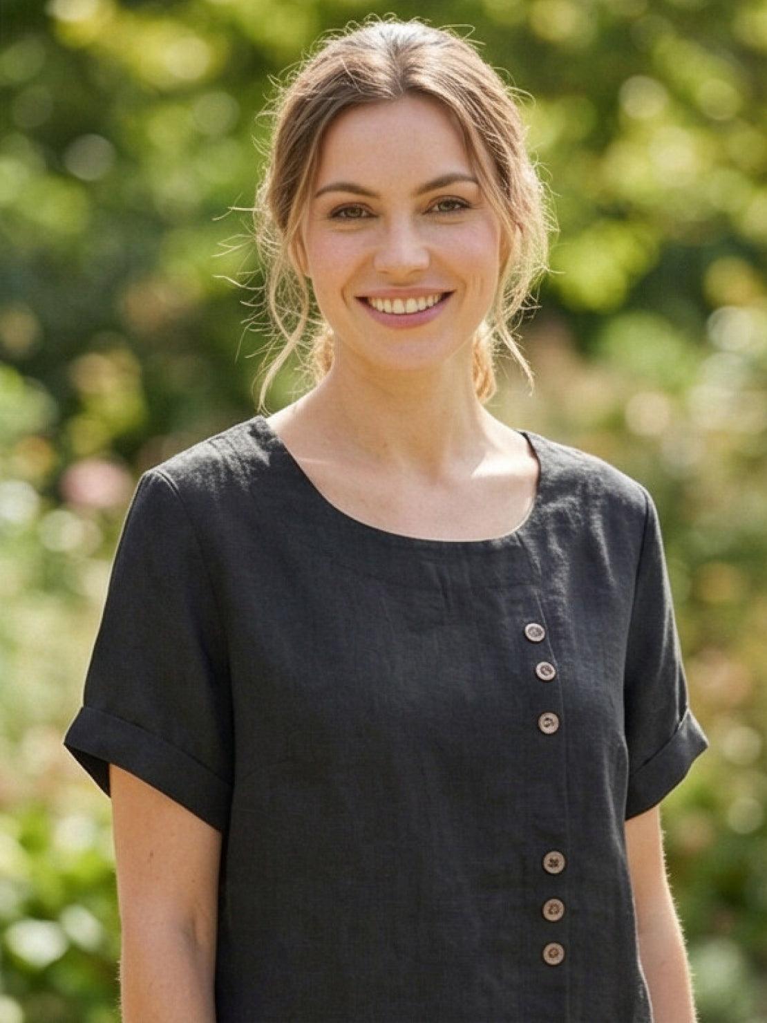 Grace | Women’s Linen Round Neck Button Blouse