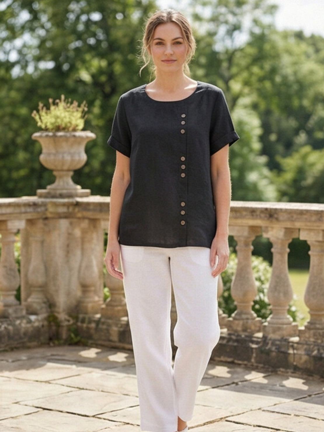 Grace | Women’s Linen Round Neck Button Blouse