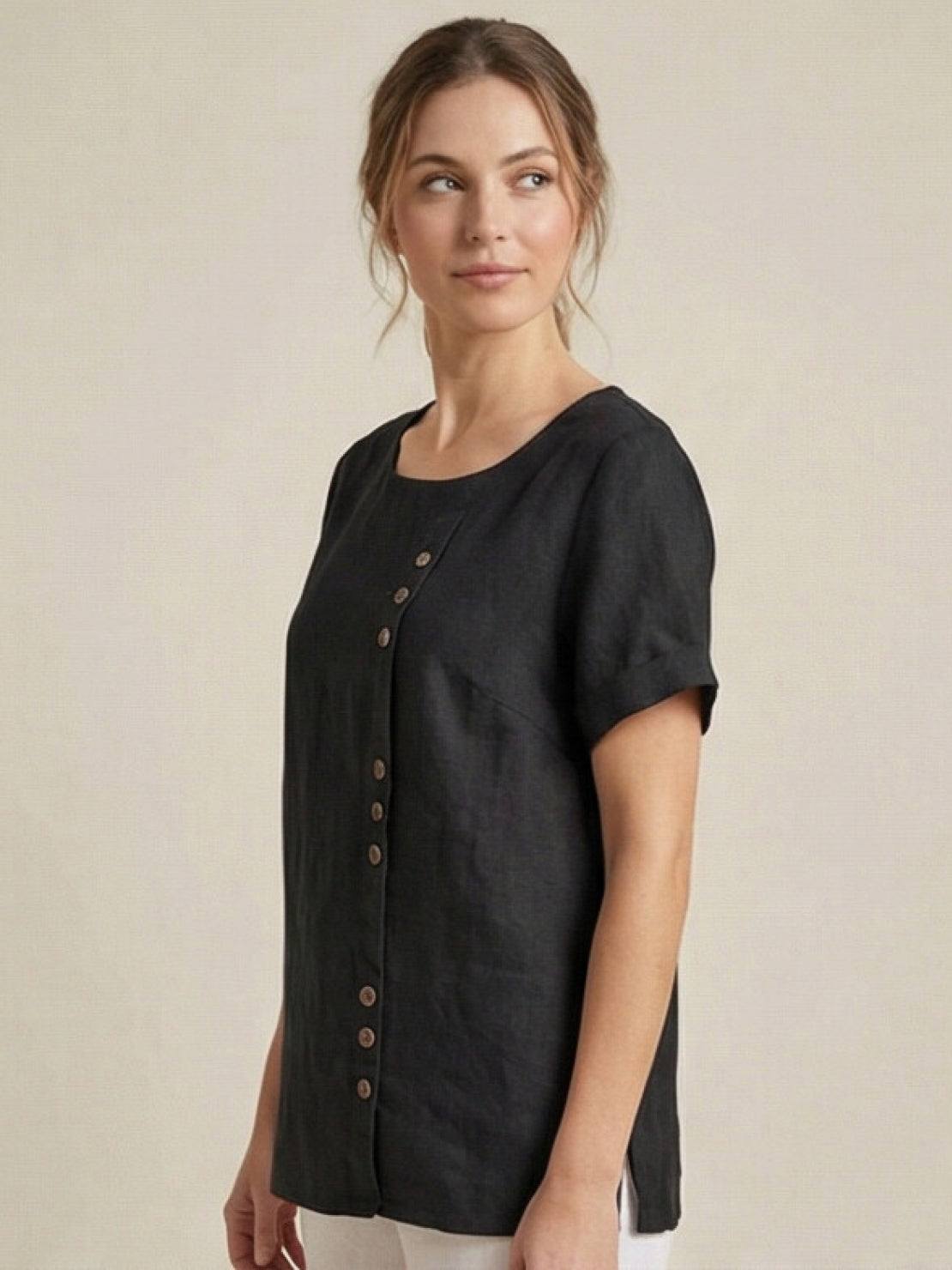 Grace | Women’s Linen Round Neck Button Blouse