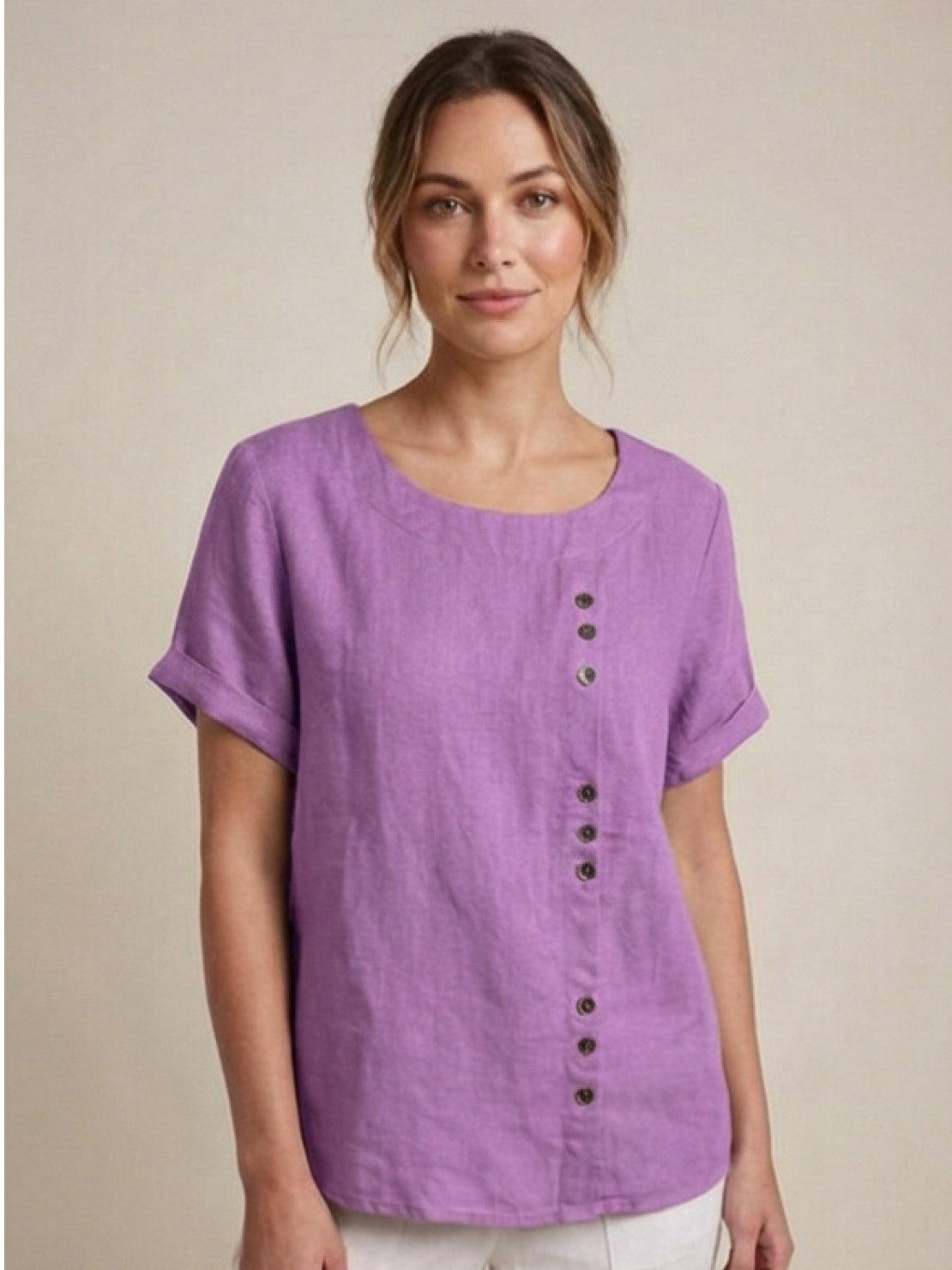 Grace | Women’s Linen Round Neck Button Blouse