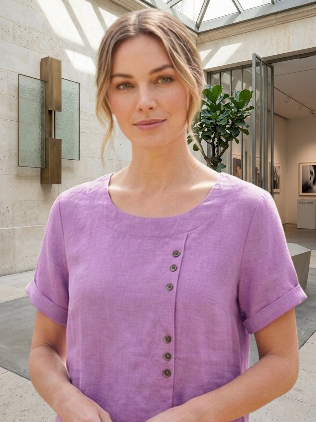 Grace | Women’s Linen Round Neck Button Blouse