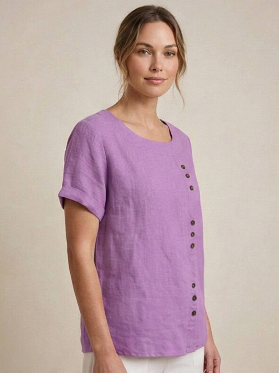 Grace | Women’s Linen Round Neck Button Blouse