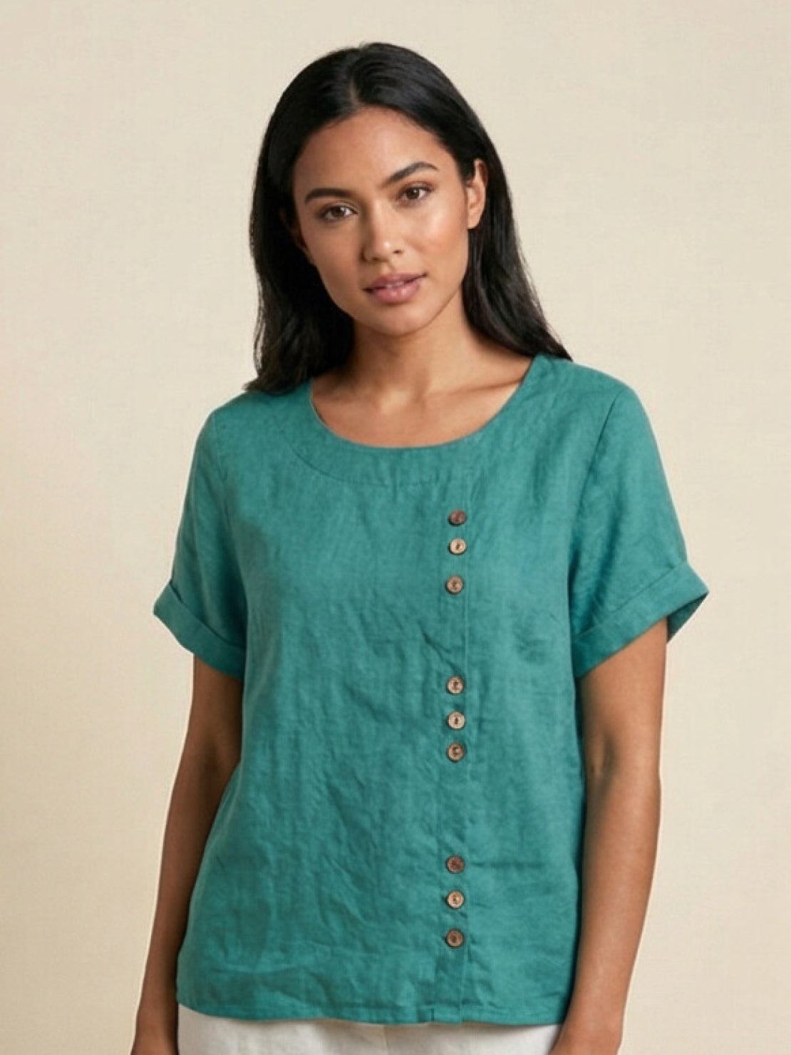 Grace | Women’s Linen Round Neck Button Blouse