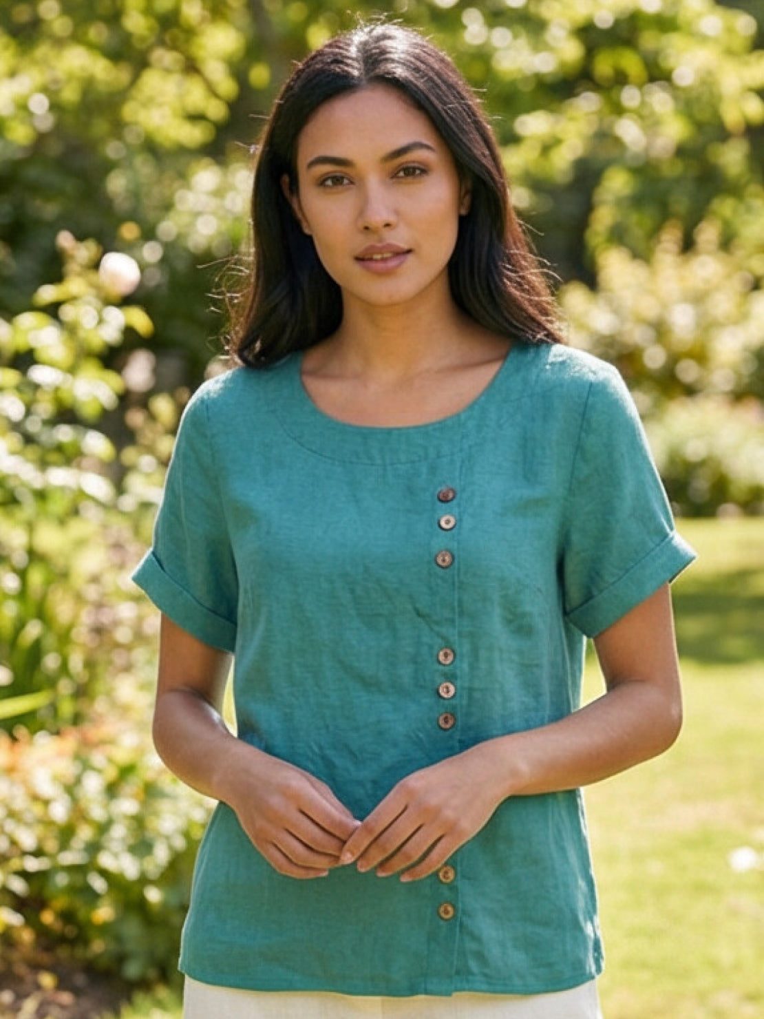 Grace | Women’s Linen Round Neck Button Blouse