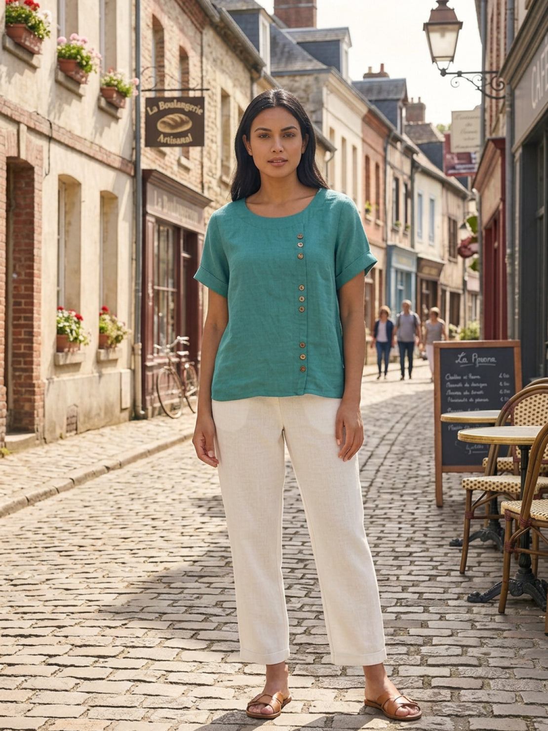 Grace | Women’s Linen Round Neck Button Blouse