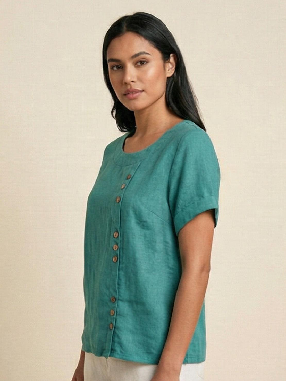 Grace | Women’s Linen Round Neck Button Blouse