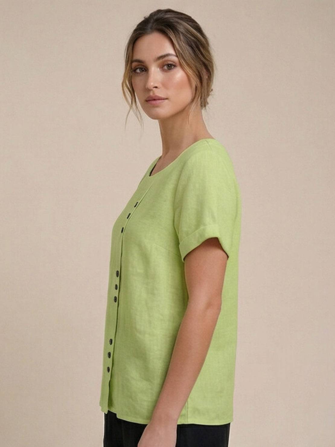 Grace | Women’s Linen Round Neck Button Blouse