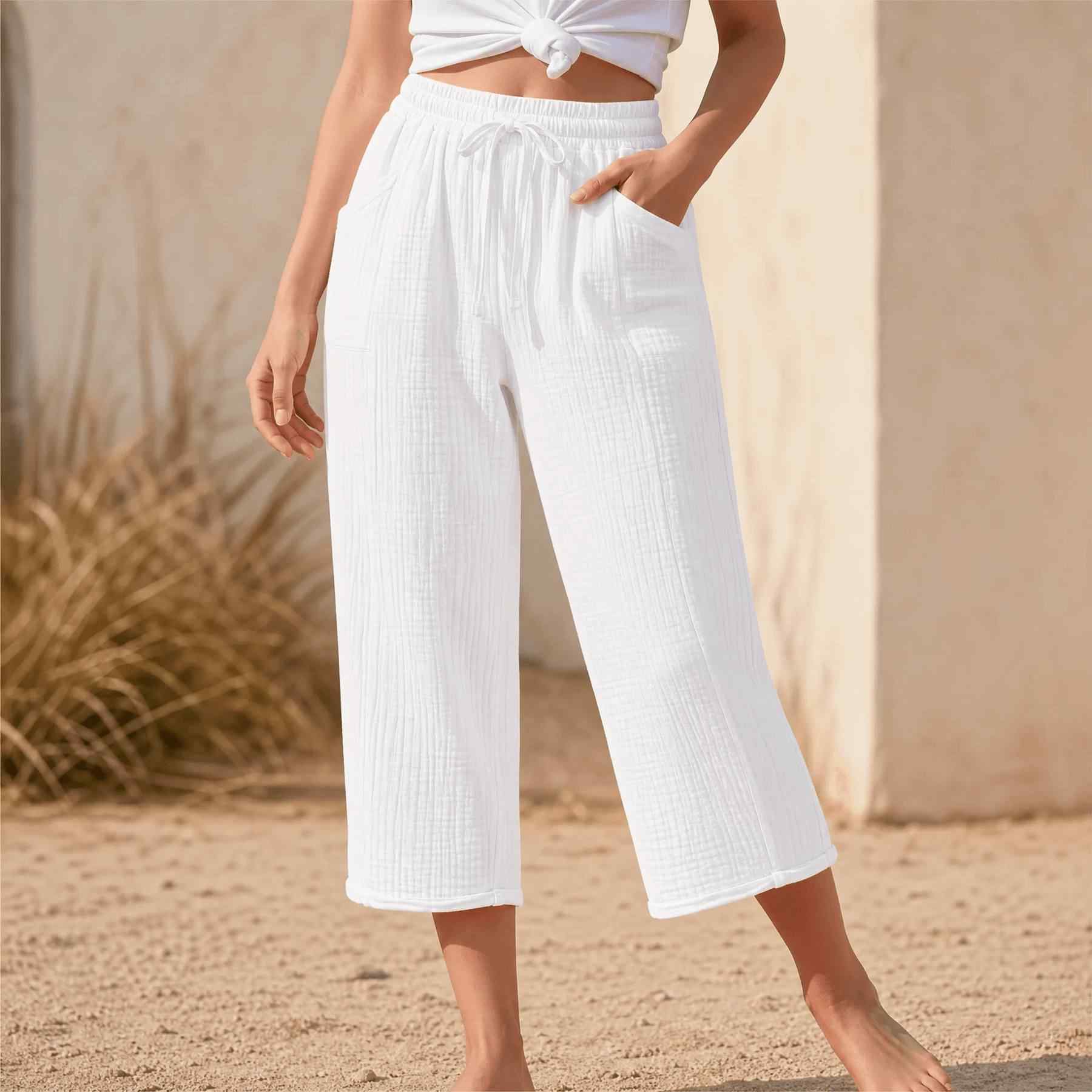 Linelle – Women's Crinkle Wide-Leg Cropped Pants with Pockets