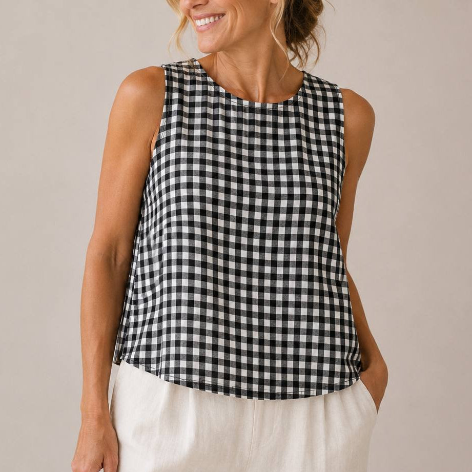 Linelle – Sleeveless Gingham Shell Top for Women, Boxy A-Line Summer Blouse