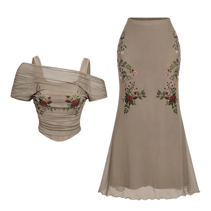 Florenza – Embroidered Off Shoulder Fishtail Skirt Set for Women