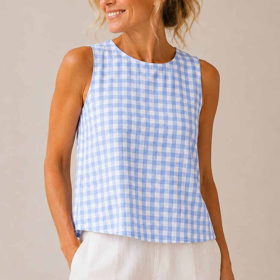 Linelle – Sleeveless Gingham Shell Top for Women, Boxy A-Line Summer Blouse