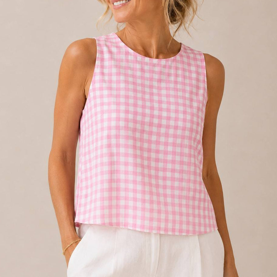 Linelle – Sleeveless Gingham Shell Top for Women, Boxy A-Line Summer Blouse