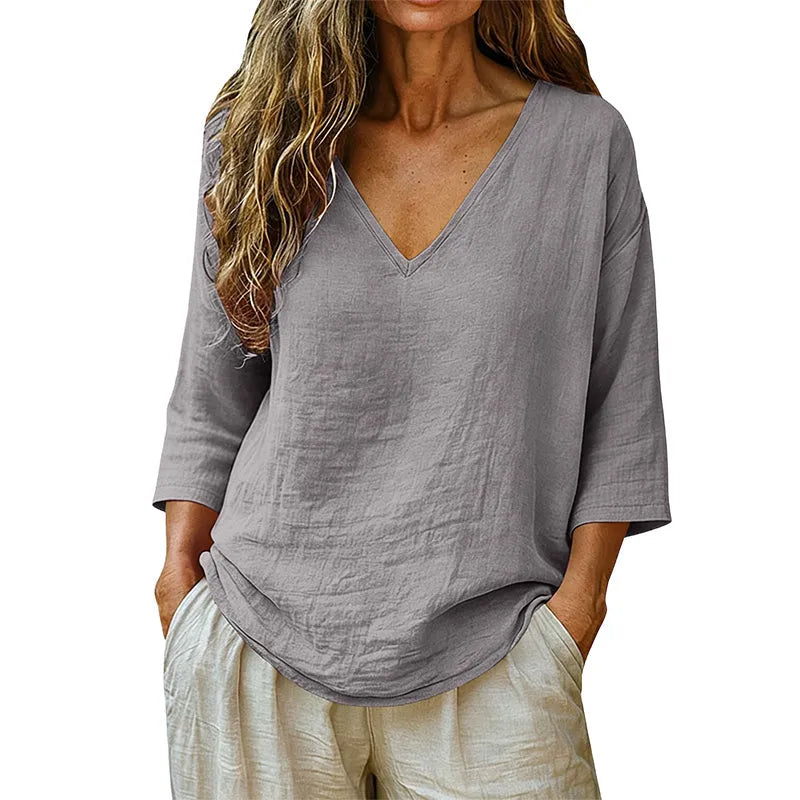 Linvie – Loose V-Neck Linen-Look Blouse with Three-Quarter Sleeves