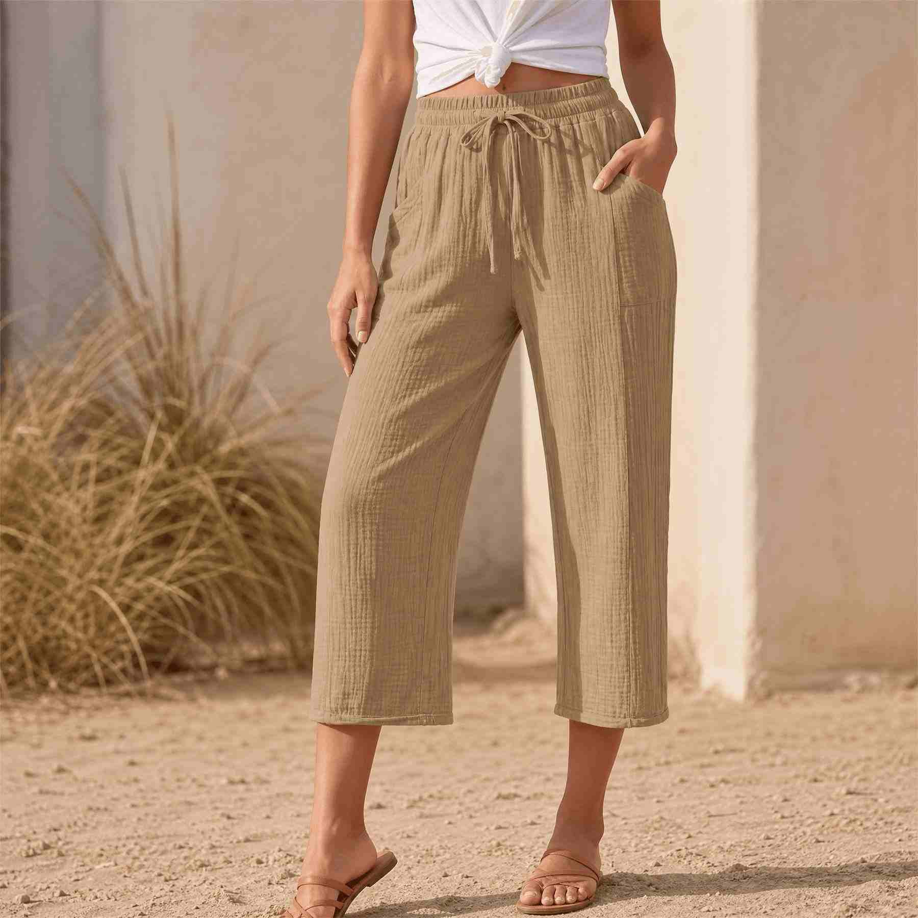 Linelle – Women's Crinkle Wide-Leg Cropped Pants with Pockets