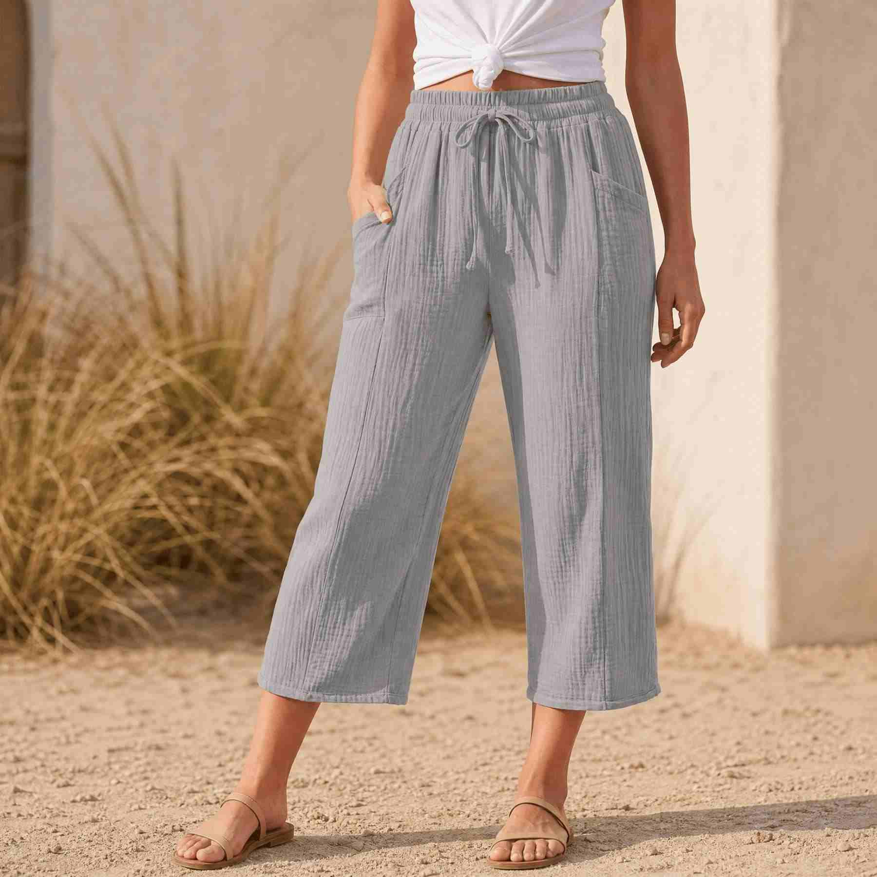 Linelle – Women's Crinkle Wide-Leg Cropped Pants with Pockets