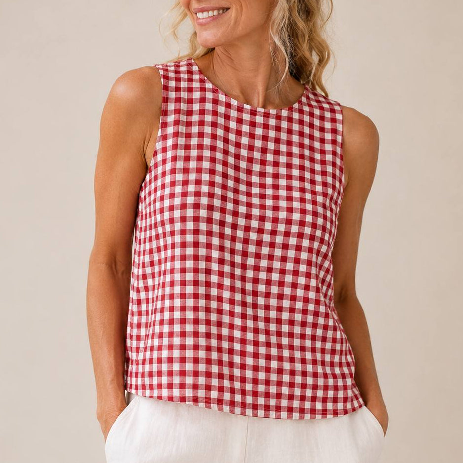 Linelle – Sleeveless Gingham Shell Top for Women, Boxy A-Line Summer Blouse