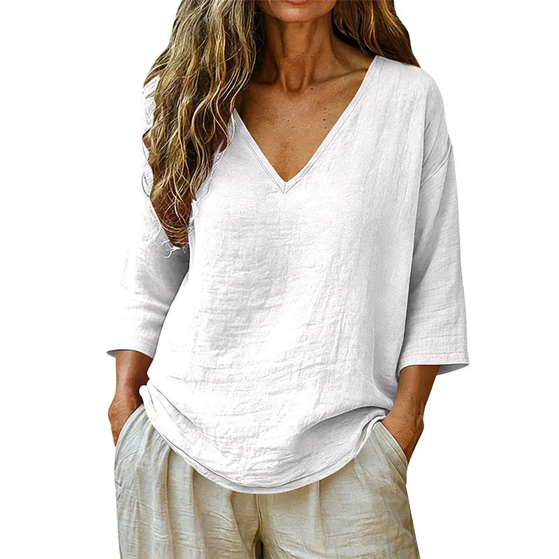 Linvie – Loose V-Neck Linen-Look Blouse with Three-Quarter Sleeves