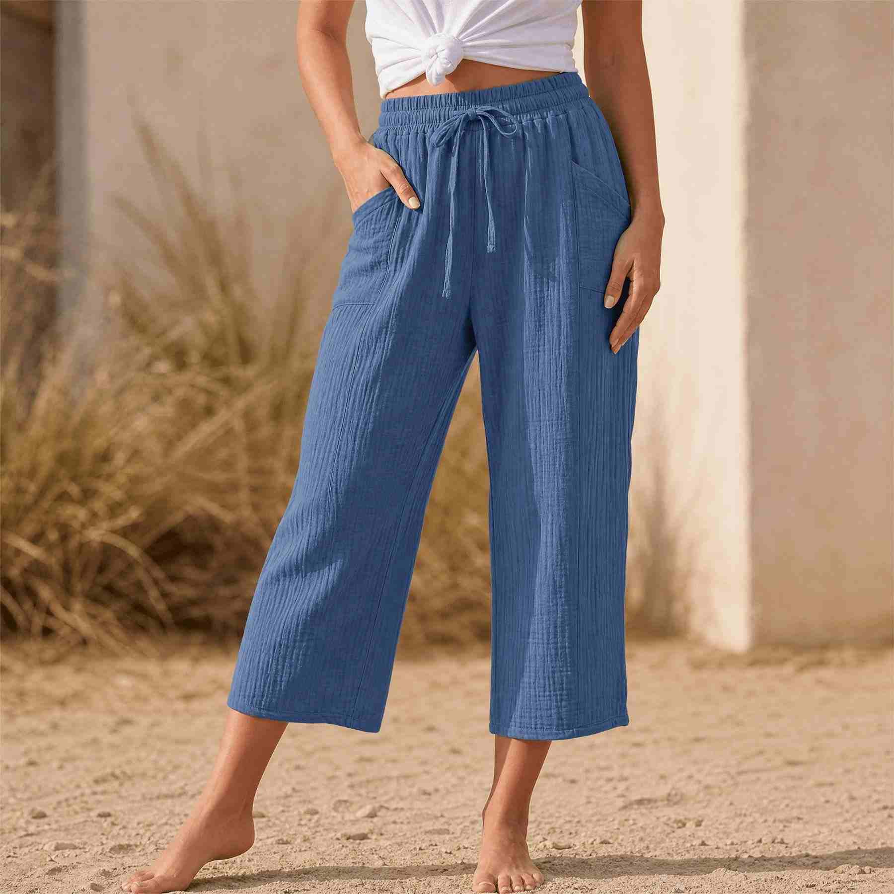 Linelle – Women's Crinkle Wide-Leg Cropped Pants with Pockets
