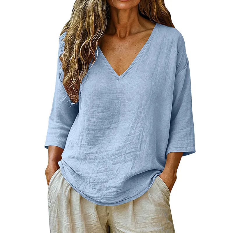 Linvie – Loose V-Neck Linen-Look Blouse with Three-Quarter Sleeves