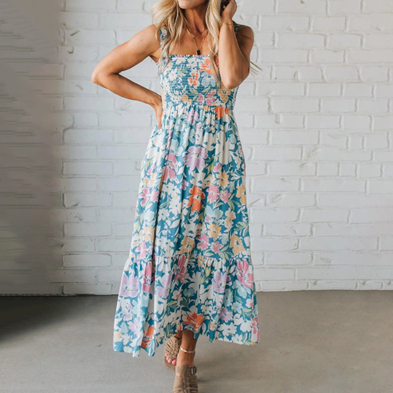 Maxi Floral Dress with Ruffled Bodice and Adjustable Straps