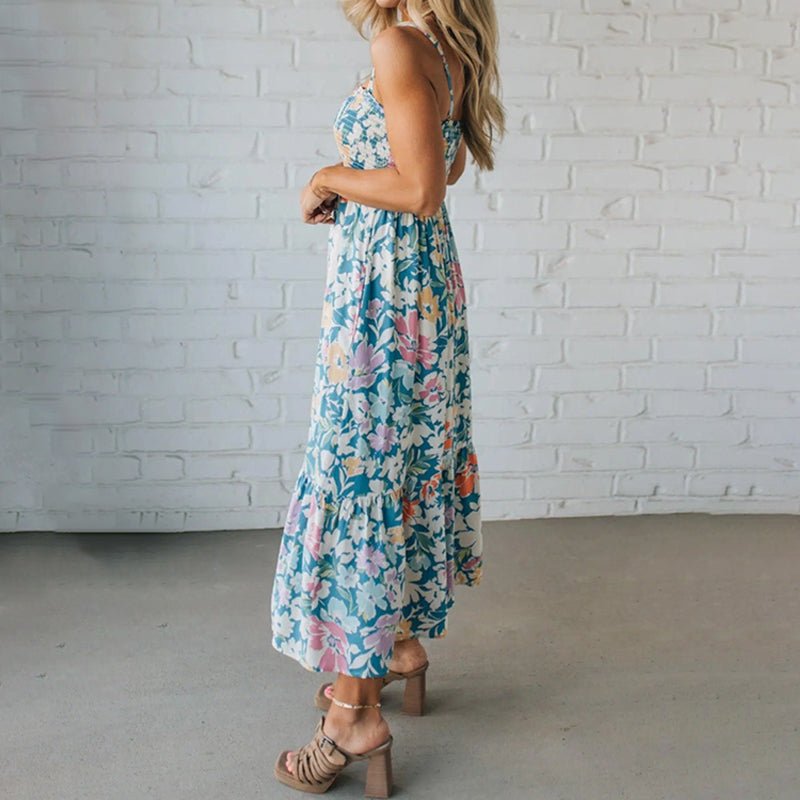Maxi Floral Dress with Ruffled Bodice and Adjustable Straps