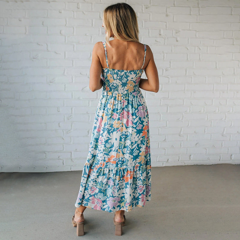 Maxi Floral Dress with Ruffled Bodice and Adjustable Straps