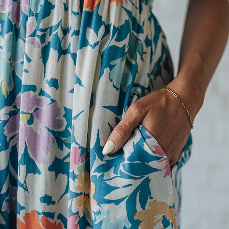 Maxi Floral Dress with Ruffled Bodice and Adjustable Straps