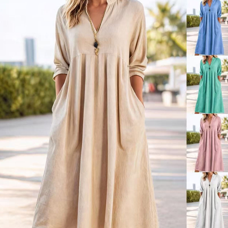 Fluid Midi Dress with Empire Waist and V-Neck – Refined Elegance