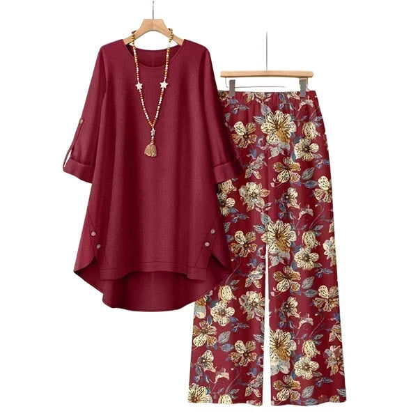 🌸✨ Printed Mid-Sleeve Top & Floral Wide-Leg Pants Set