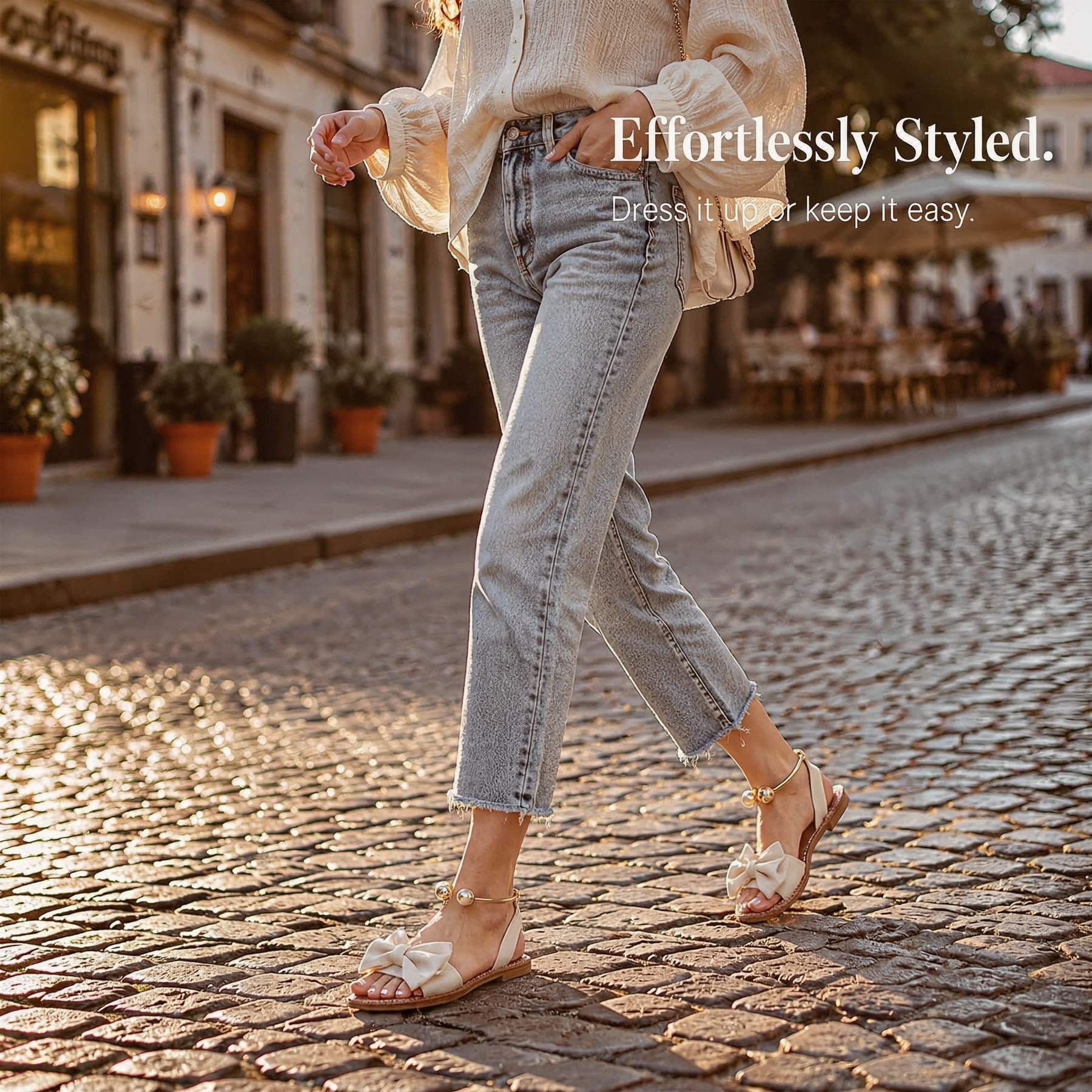 Lunabow – Bow Flat Sandals with Pearl Ankle Cuff