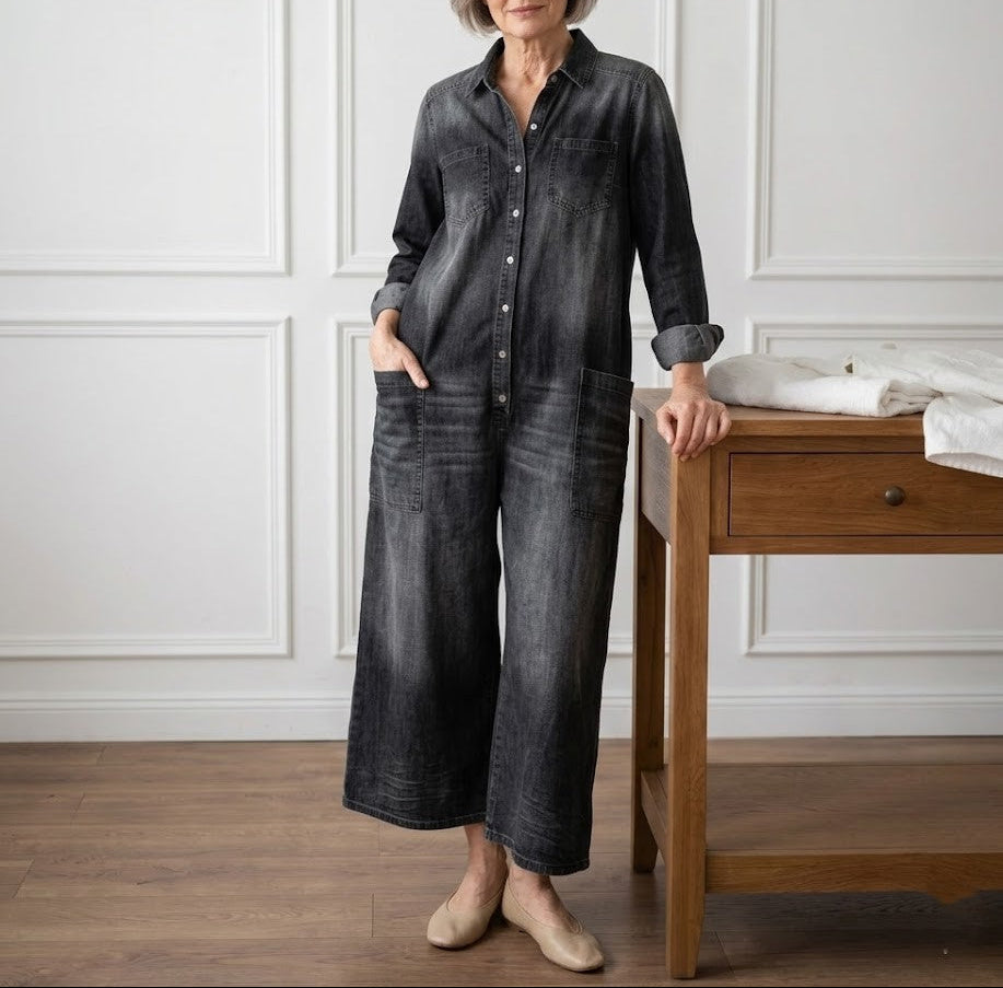 Saylor - Vintage Washed Soft Cotton Denim Jumpsuit with Button Closure