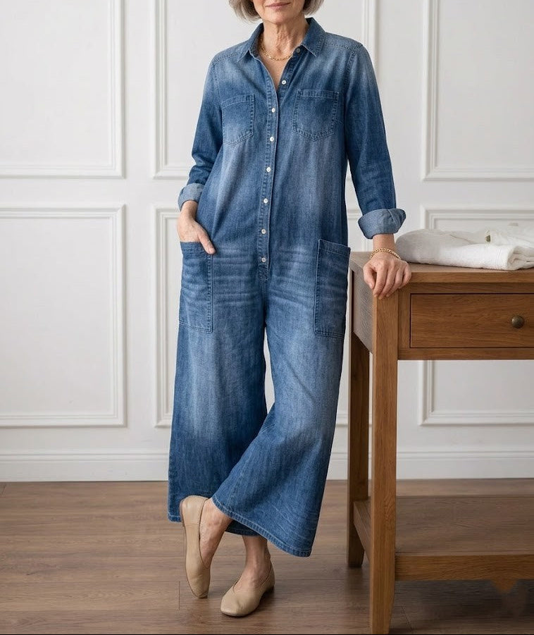 Ariana - Vintage Washed Soft Cotton Denim Jumpsuit with Button Closure