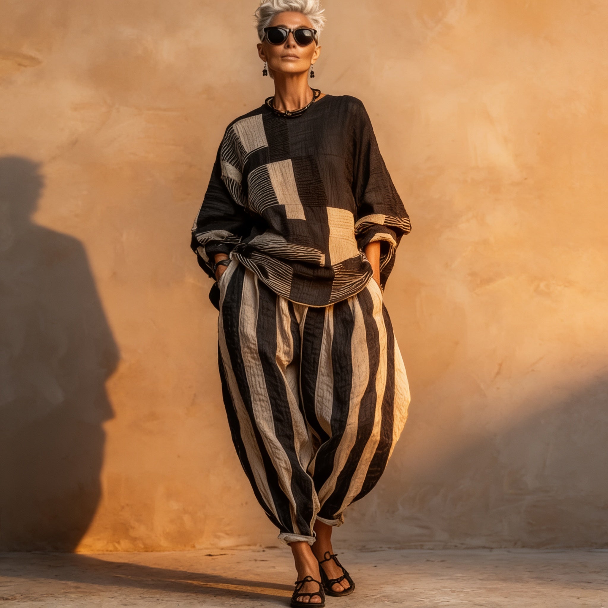 Loungefit – Color-Block Loose-Fit Two-Piece Set