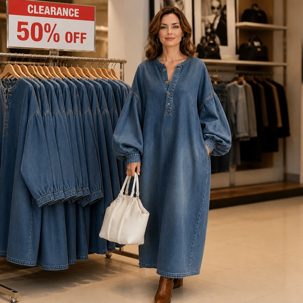 Denara – Lantern Sleeve Half-Button Denim Maxi Dress