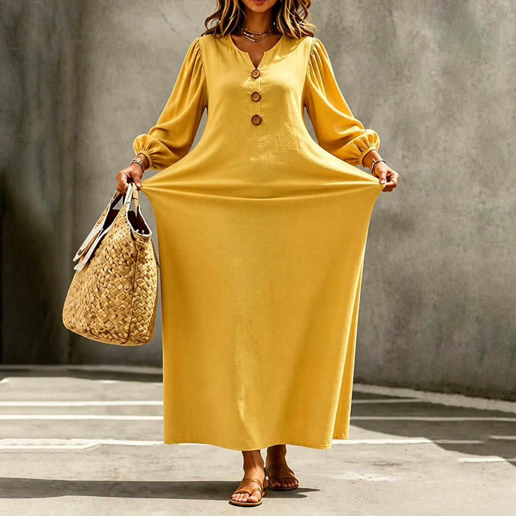 Everdrape – V-Neck Puff Sleeve Pocketed Maxi Dress