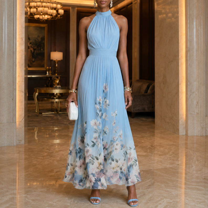 Corima – Halter Bow-Back Pleated Maxi Dress