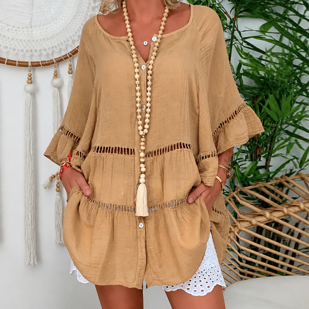 Linella – Crochet-Trim Button-Front Tunic Dress