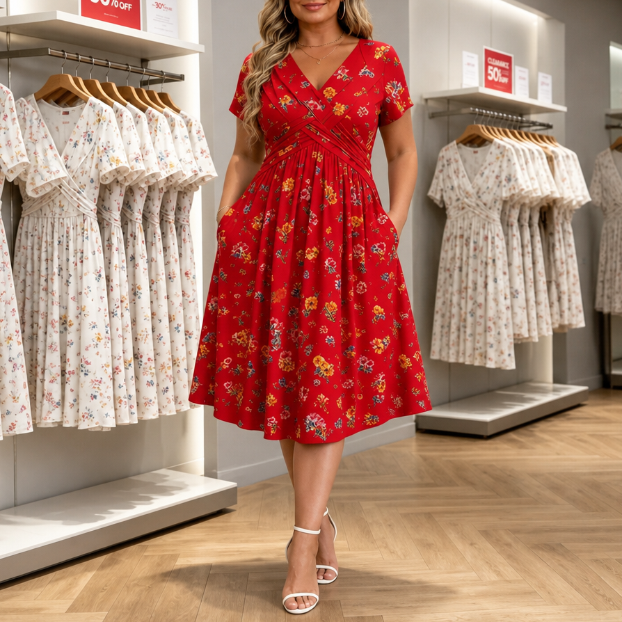 Curvella – Twist-Waist Floral V-Neck Midi Dress
