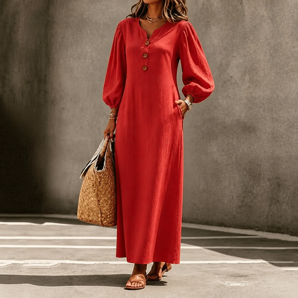 Everdrape – V-Neck Puff Sleeve Pocketed Maxi Dress