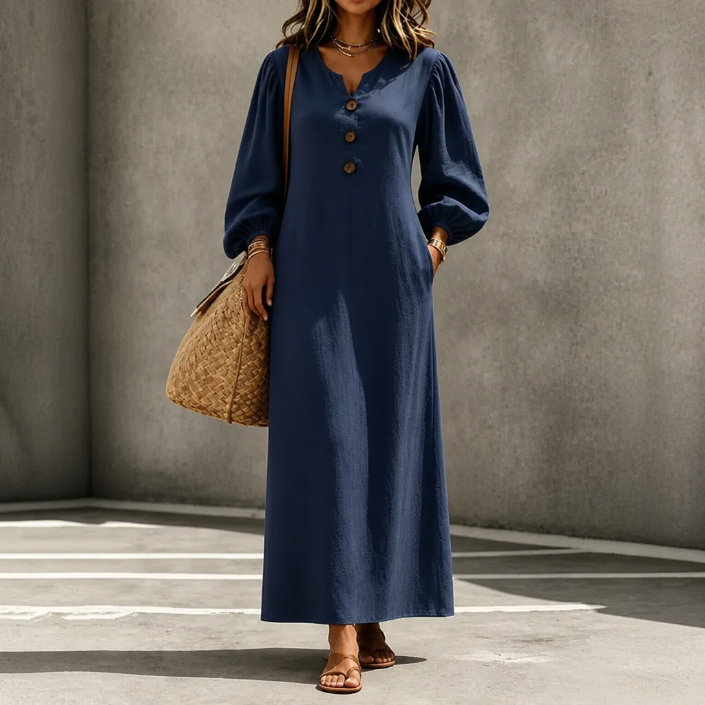 Everdrape – V-Neck Puff Sleeve Pocketed Maxi Dress