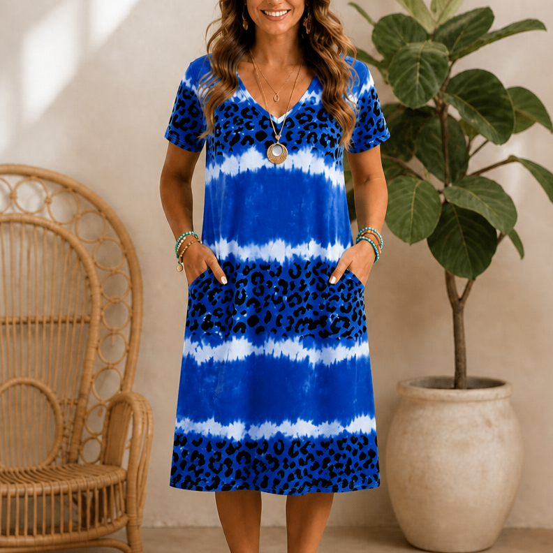 Drapeaux – Tie-Dye Leopard Print V-Neck Knit Dress