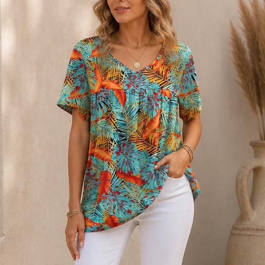 Draveil – Pleated V-Neck Printed Short-Sleeve Top