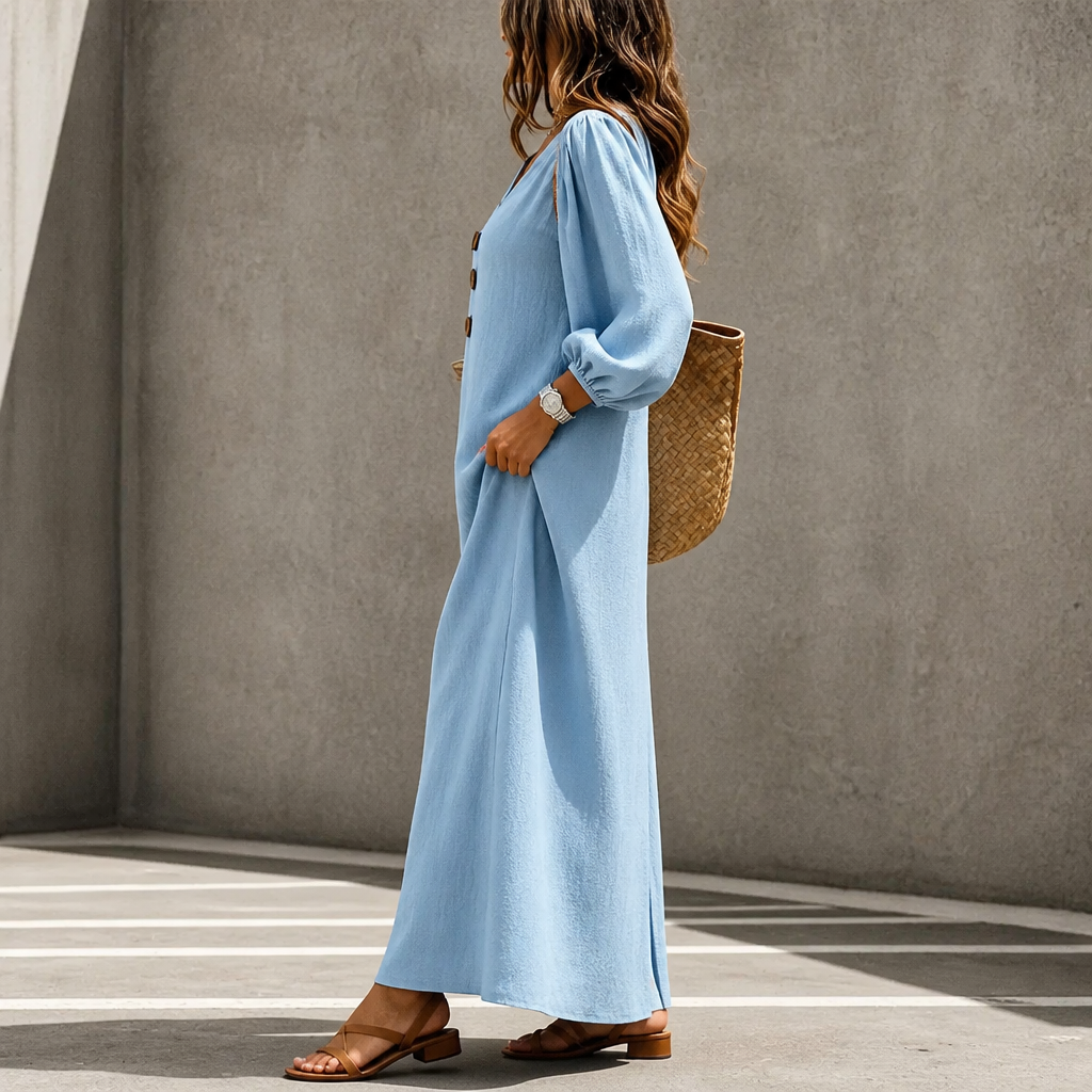 Everdrape – V-Neck Puff Sleeve Pocketed Maxi Dress