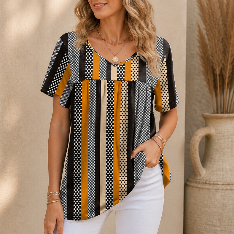 Draveil – Pleated V-Neck Printed Short-Sleeve Top