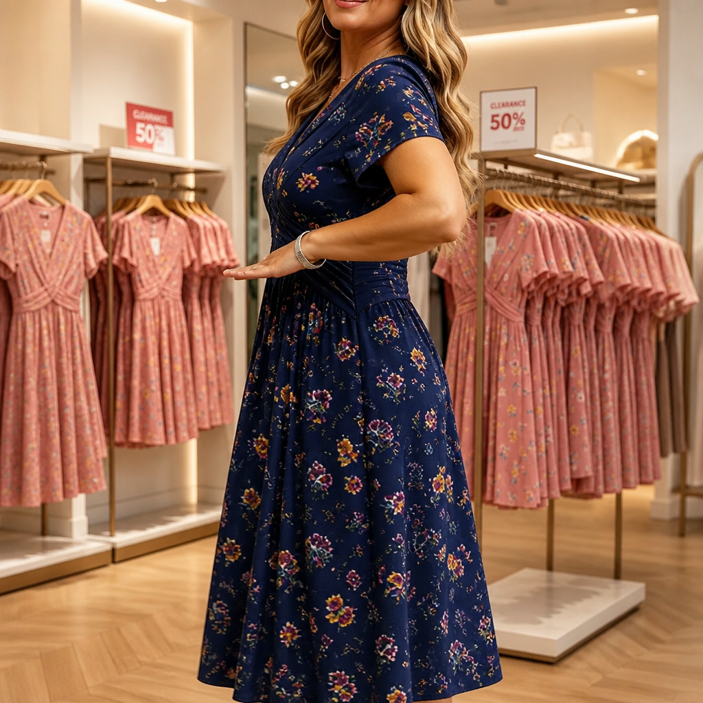 Curvella – Twist-Waist Floral V-Neck Midi Dress